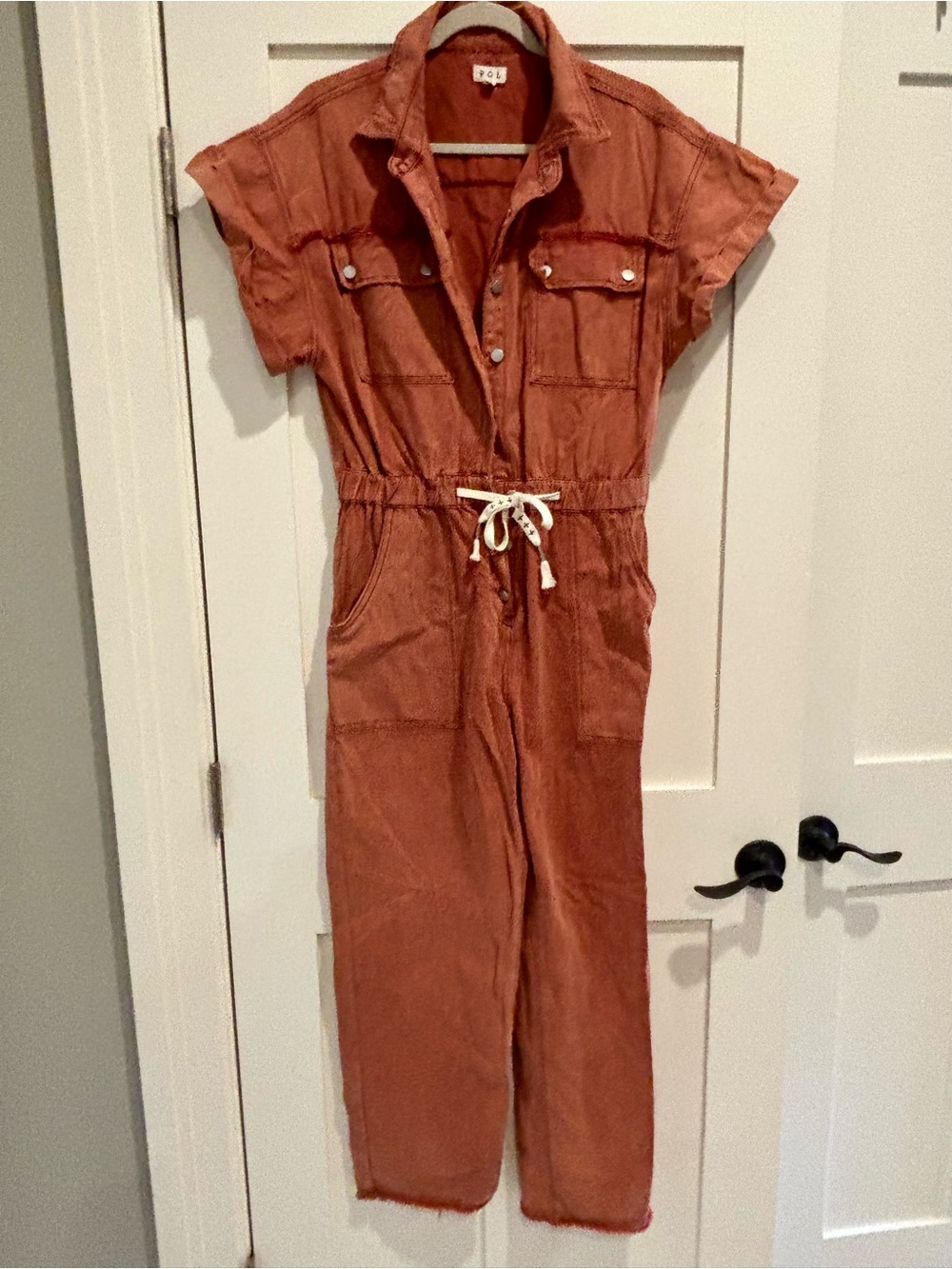 POL Denim Drawstring Jumpsuit in Rust